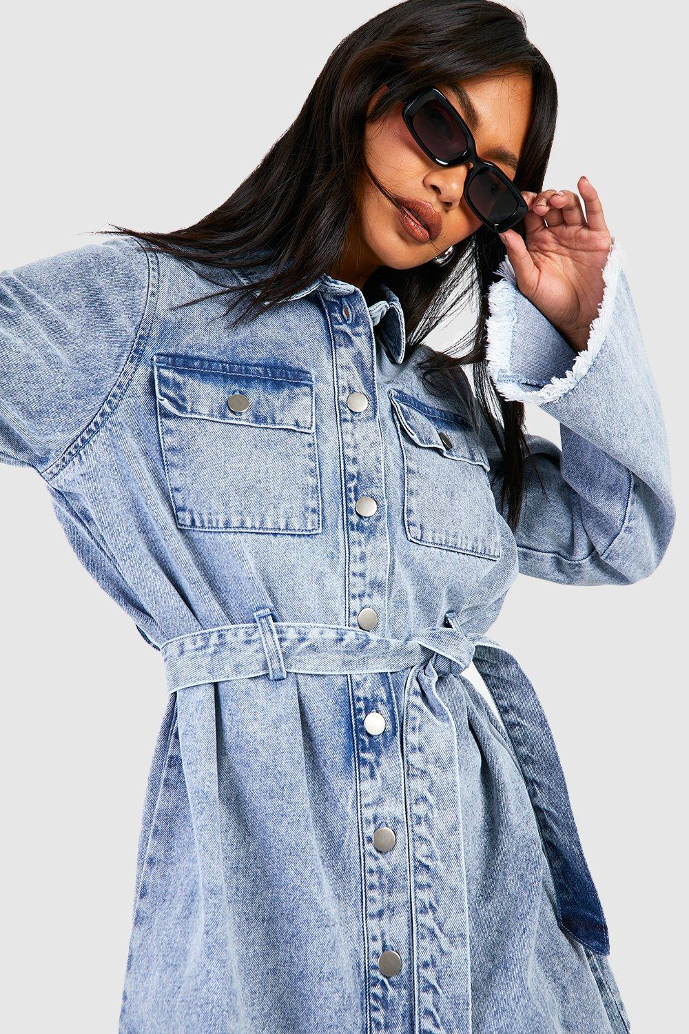 boohoo Acid Wash Fray Hem Belted Denim Shirt Dress Blue Size 2